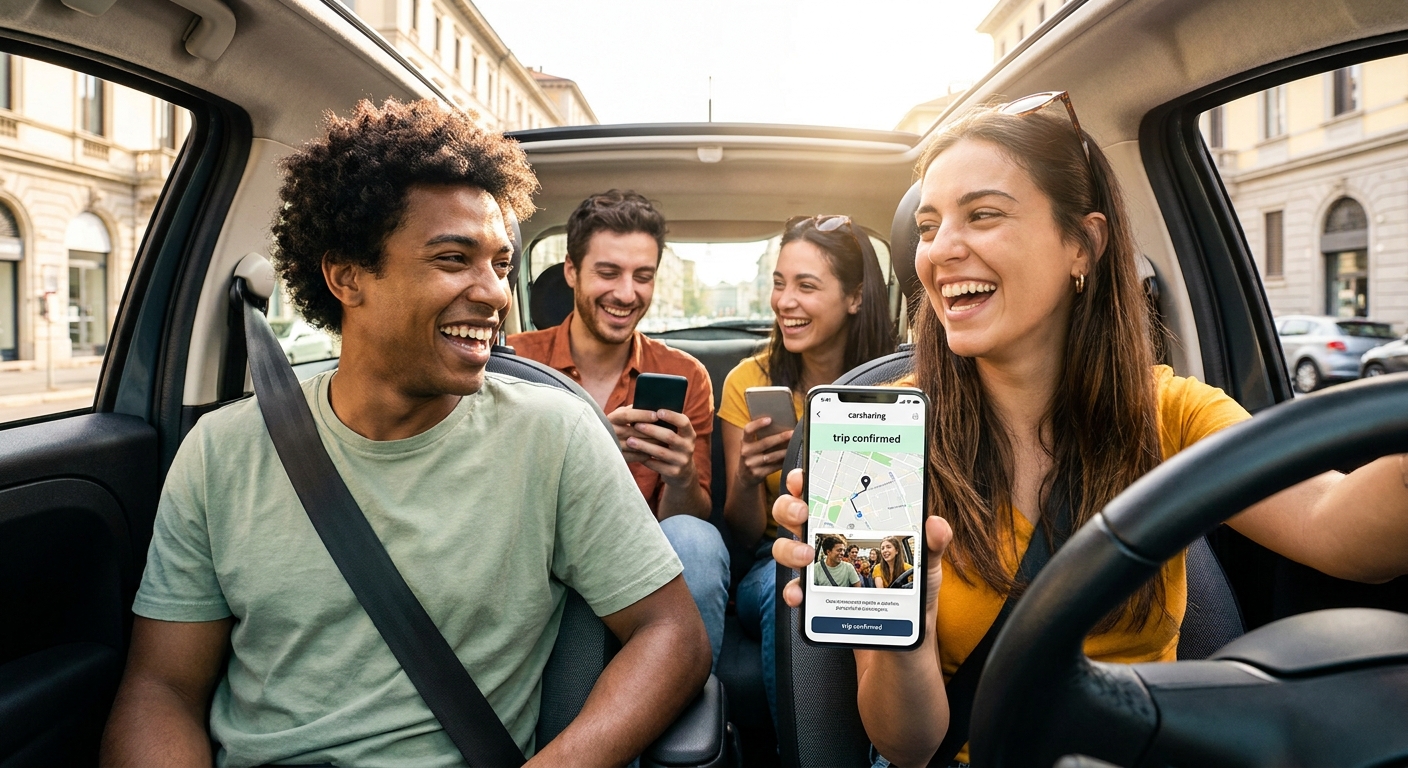 Personas compartiendo trayecto en coche sonriendo